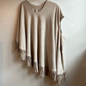 Look asymmetrical fringe faux suede poncho one size